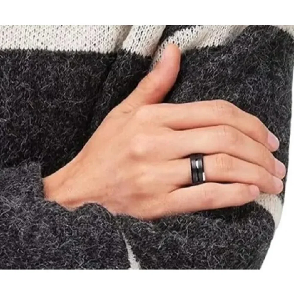 Tungsten Steel Matte Black Brushed Finish Double Beveled minimalist wedding ring